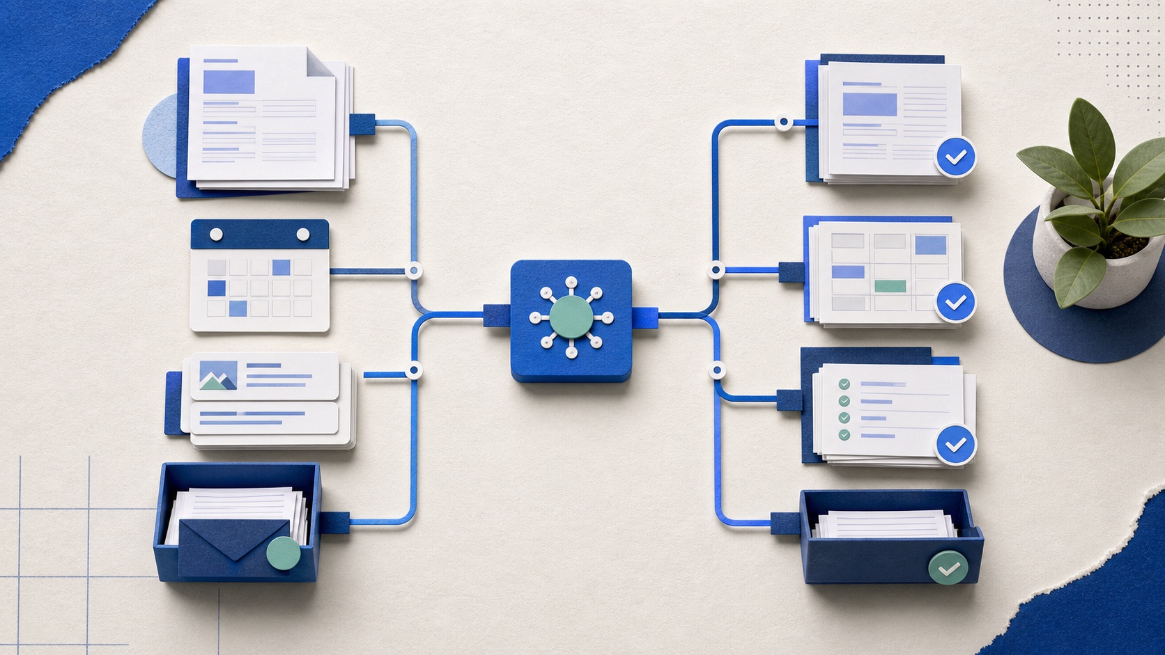 Illustration of administrative documents routed through an AI assistant workflow