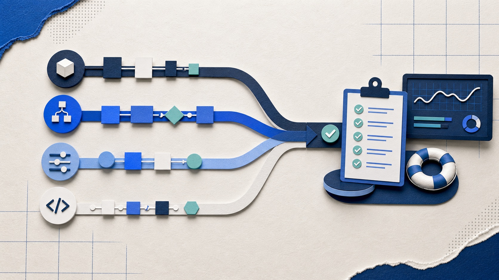 Illustration comparing several task automation paths leading to a monitored workflow